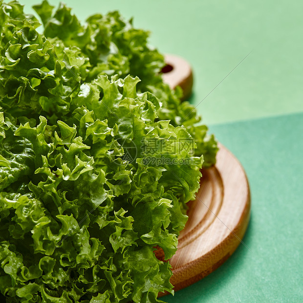 新鲜采摘的天然生菜食材烹饪天然排食品绿色与文字的地方素食机食品机天然绿色生菜沙拉绿色背景的木板上图片
