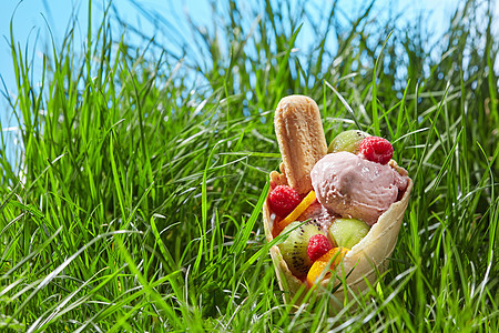 水果片,覆盆子冰淇淋萨沃亚迪华夫饼锥的背景上的绿色草夏日甜点华夫饼锥里的浆果冰淇淋图片
