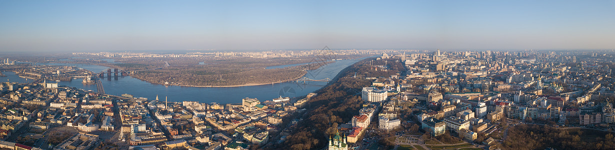 360°全景基辅全景,区波多尔安德鲁教堂,波奇托瓦亚普罗什亚德聂伯河与瘟疫波多斯基桥,左岸远处,乌克兰无人机照片全全景360背景