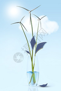 花茎与叶子风力涡轮机花瓶与水绿色能源绿色能源图片