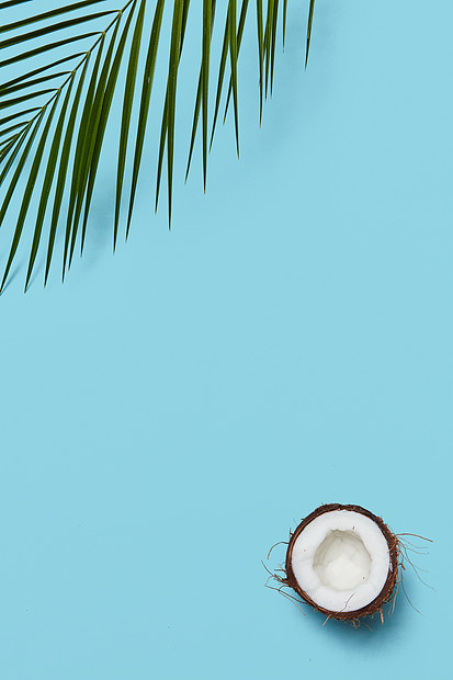 成熟半部分机椰子绿色棕榈叶的成,蓝色背景,文字创造的布局平躺创意框架由棕榈叶椰子半部分蓝色背景与复图片
