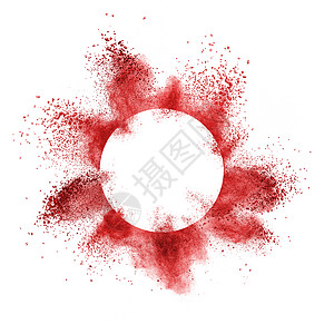 红色粉末爆炸背后的圆形框架爆炸白色背景与红色粉末爆炸后,个圆形框架爆炸白色背景图片