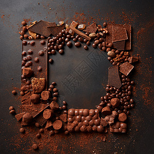 黑色背景上同巧克力可可粉的框架帧巧克力图片