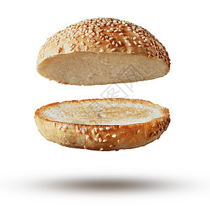 烤烤包汉堡顶部没填充飞行,悬浮白色汉堡包空孤立图片