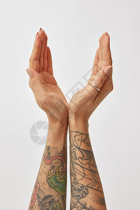 灰色背景,欢迎的,会议女人的手,欢迎,张开双手背景