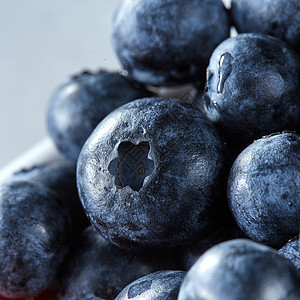 新鲜甜蓝莓特写夏季新鲜水果灰色背景健康机素食饮食的成熟新鲜蓝莓的特写浆果背景来自天然机新鲜采摘的水果灰色图片