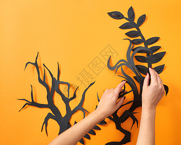 卡通手纸叶树枝的图案女孩的手橙色的背景上了篇手工作文,文字的万节平躺女人的手橙色的背景上用纸黑背景
