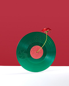 种绿色的复古乙烯基唱片,装饰双红白色背景上,文字的红花的成,装饰乙烯基音频记录个双白色红色背景与图片