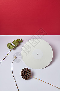 干枝白色乙烯基音频记录个双红白色背景与复古的构图平躺白色乙烯基音频记录干支个双白色红色背景与图片