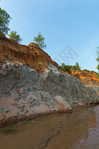 景观与河流的红色岩石丛林火腿田峡谷梅内,越南图片