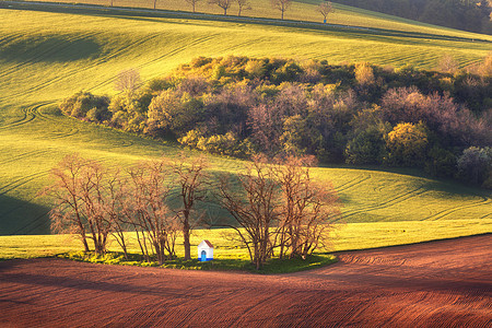 五颜六色的景观与著名的小教堂,树木绿色的田野日落春天捷克共国南莫拉维亚图片