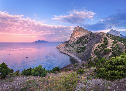 美丽的夏季日落大海与山,树木蓝天克里米亚背景图片