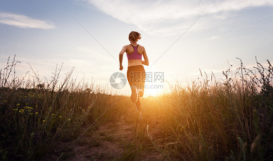 轻的运动女孩夏天的田野里日落时乡村的路上跑步生活方式体育背景图片