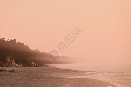 雾天行车美丽的海岸线景观镜头早上雾天的海滩,乳白色的橙色日出雾的海滩背景