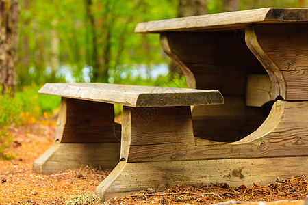 野餐地点木制桌子长凳挪威森林公园,欧洲营地与野餐桌挪威公园图片