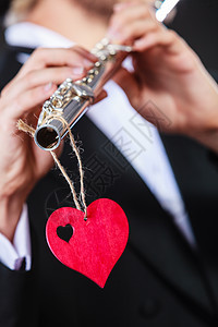 情人节爱情旋律长笛音乐演奏男子流感音乐家表演者男手用乐器红心,特写长笛心脏的男流感医生爱的旋律图片