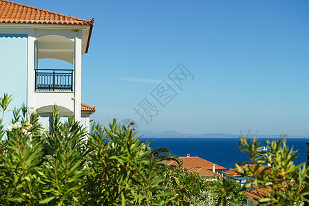 阳台,海滨物业的露台希腊建筑夏天放松的地方希腊房子里的露台图片
