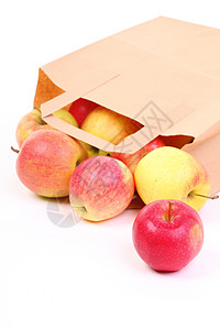 购物棕色回收礼品袋红色苹果隔离白色背景背景图片