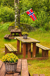 挪威野餐地点木制桌子长凳户外绿色森林公园,欧洲挪威绿色野餐地点图片