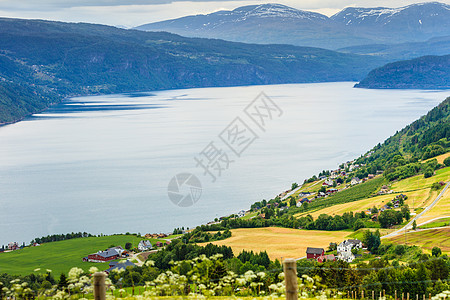 挪威乡下的房子海边的山上美丽的海岸线峡湾景观村庄,斯堪的纳维亚欧洲挪威乡村的房子湖岸的山上图片