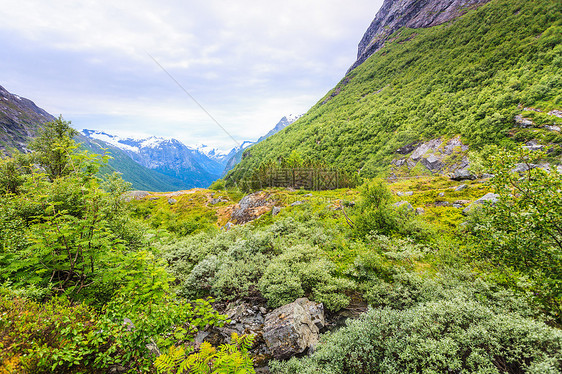 旅游度假旅游夏季的山脉景观背景中的雪山山顶,挪威,斯堪的纳维亚挪威的山脉夏季景观图片