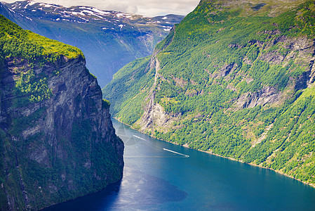 旅游度假旅游Ornesvingen观点看神奇的Geirangerfjorden的美丽景色,挪威的斯堪的纳维亚半岛图片