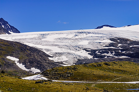 夏季的山地景观,雪峰冰川旅游景区路线55索涅夫杰莱的洛姆高朋,挪威山与冰冰川诺威索格尼菲莱路图片