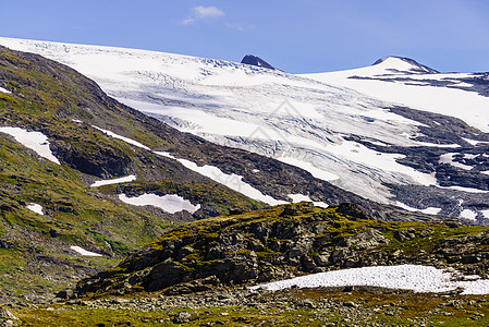 夏季的山地景观,雪峰冰川旅游景区路线55索涅夫杰莱的洛姆高朋,挪威山与冰冰川诺威索格尼菲莱路图片