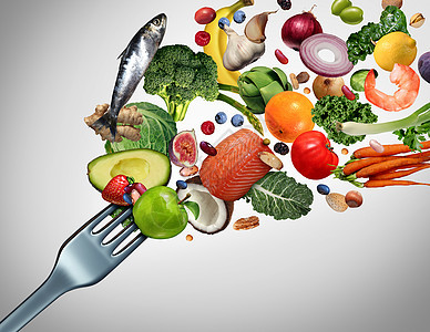吃健康的食物,吃干净的象征,新鲜的原材料,个带3D插图元素的餐叉中爆发出来图片