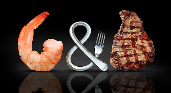 冲浪草皮食物海鲜牛排餐的,个叉子形状的象征,黑色背景与3D插图元素图片