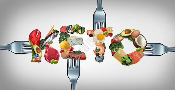 食用生酮食物低碳水化合物饮食高脂饮食生活方式的文本,如鱼坚果鸡蛋肉鳄梨等,种三维插图元素的治疗餐图片