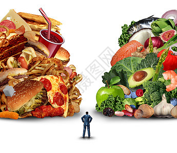 饮食生活方式决策营养选择两难的健康,好的新鲜水果蔬菜油腻胆固醇丰富的快餐与个困惑的人与三维插图元素图片