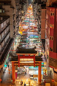 香港九龙庙街夜市照明的鸟瞰图图片