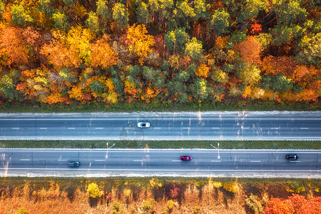 日落时美丽的秋林中的道路鸟瞰五颜六色的景观与公路,汽车,树木与红色,黄色橙色的叶子巷道的顶部视图秋天的颜色秋天背景图片