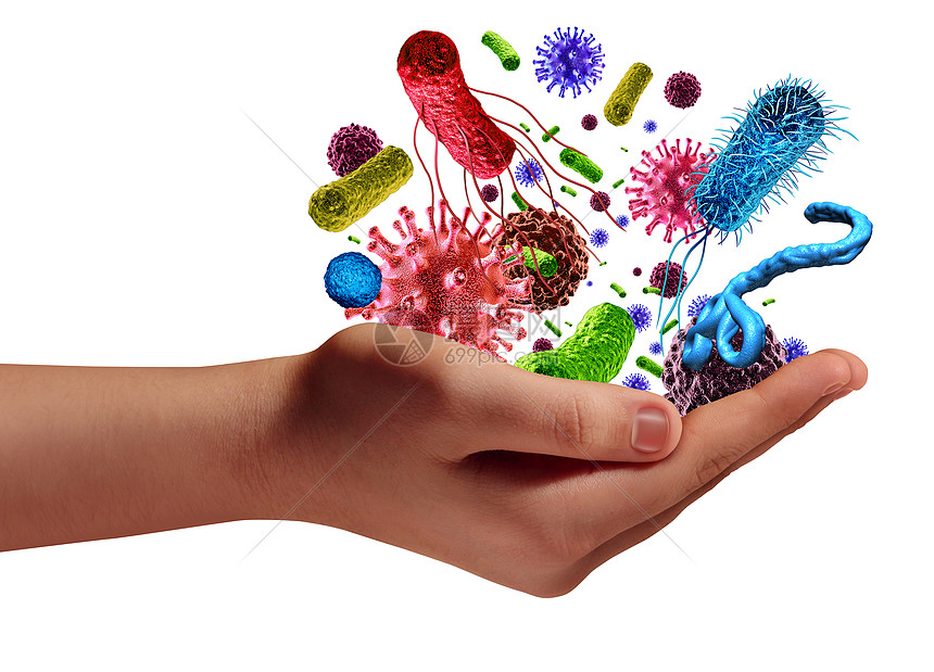 健康疾病风险医疗保健与人的手着微小的癌症病细菌细胞隐喻病原体疾病与三维插图元素图片