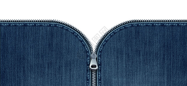 拉链牛仔裤的,个开放的联锁金属紧固件蓝色牛仔服装服装纺品个符号,以揭示信息发现孤立白色空白背景与3D图片