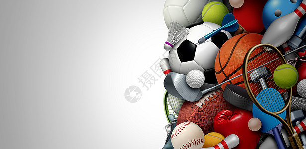 体育设备背景与足球篮球,棒球,足球,网球高尔夫球,包括乒乓球,曲棍球,健康的娱乐活动,包括与三维插图元素图片