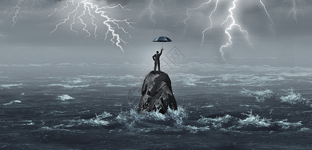 商业伞由商人暴风雨中以雷电企业危机的隐喻,金融安全保护理念与3D插图元素背景图片