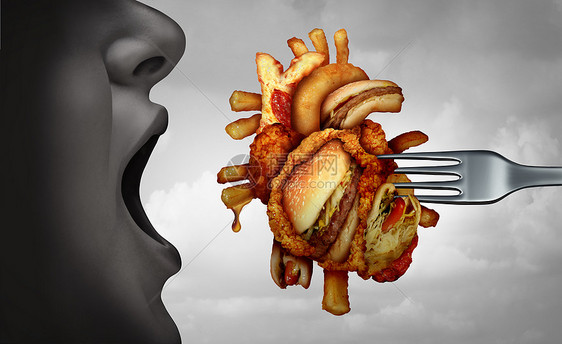 饮食心脏病危险的冠状动脉健康健康的食物与人体心血管解剖器官制成的油炸快餐隐喻营养良的三维插图元素图片