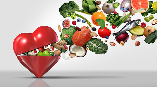 健康的食品营养成分的心脏健康与水果蔬菜,坚果,鱼豆类个自然饮食与3D插图元素背景图片