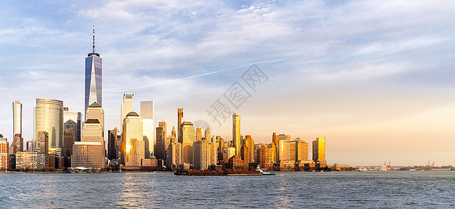 全景纽约市曼哈顿天际线城市景观日落新泽西图片
