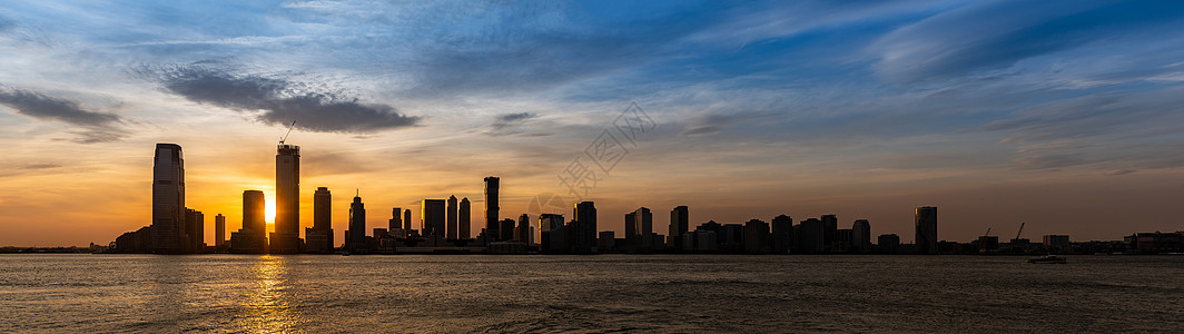 新泽西天际线建筑剪影美国日落全景背景