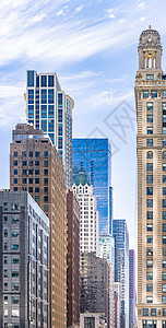 美国芝加哥市建筑天际线摩天大楼的特写图片
