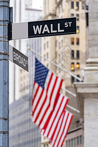 华尔街标志与纽约证券交易所背景纽约市,纽约,美国背景图片