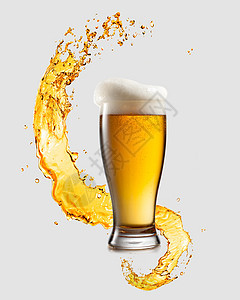 溅波大杯新鲜轻啤酒浅灰色背景与十月节的带飞溅波的轻型啤酒图片