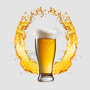 创意标志,溅啤酒杯轻新鲜啤酒浅灰色背景与十月节的璃轻啤酒的背景上飞溅的标志图片