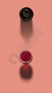 的顶部视图打开瓶子杯红酒个柔的珊瑚背景与柔的黑影,红酒放个打开的瓶子里,阴影图片