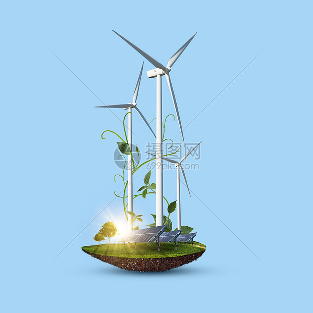 由风力涡轮机太阳能电池板制造的替代可再生能源,用于带的柔蓝色背景下拯救们星球上的生态平衡风力涡轮机太阳能电图片