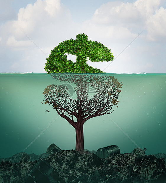 污染成本污染水污染的财务成本与危险工业废物棵树形状为美元标志水下液体死工厂与三维插图元素图片
