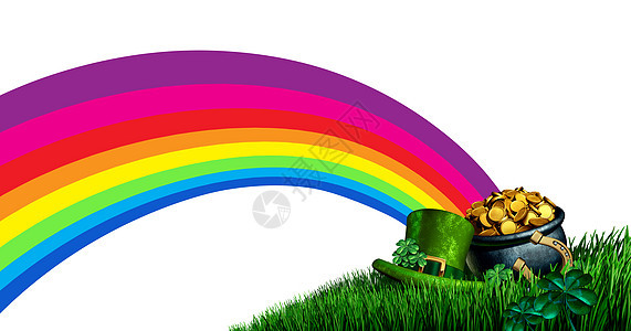 壶黄金彩虹帕特里克日的末尾 绿色的三叶草田野个金色的麻雀宝藏上 春天爱尔兰庆祝的运气与3d插图元素的象征高清图片下载 正版图片 摄图网
